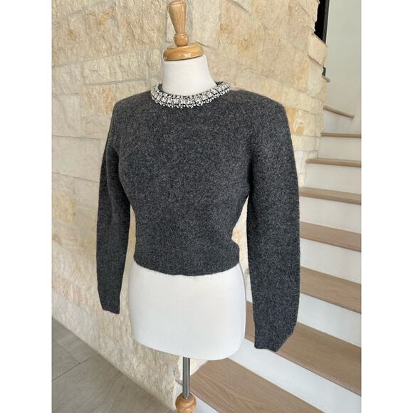 SELF-PORTRAIT Cropped crystal-embellished knitted sweater Gray Size Large - Picture 8 of 11
